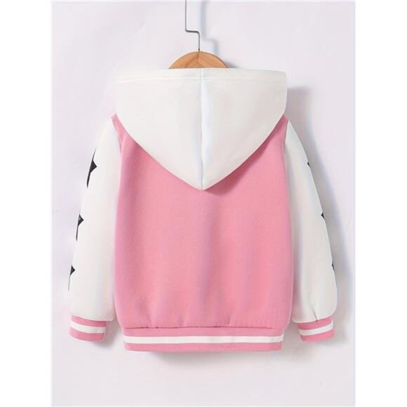 Fleece Coat, Autumn and Winter Daily Casual Hooded Long-Sleeved, Pink & White - Picture 2 of 6